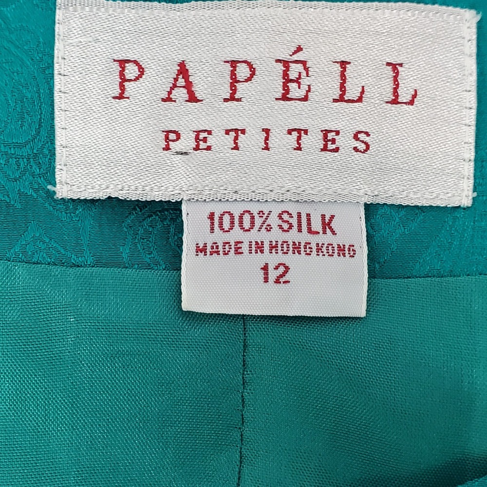 Papell Petites Vintage 100% Silk Teal Paisley Jacquard Skirt Suit Set 12P Luxury - Picture 3 of 16